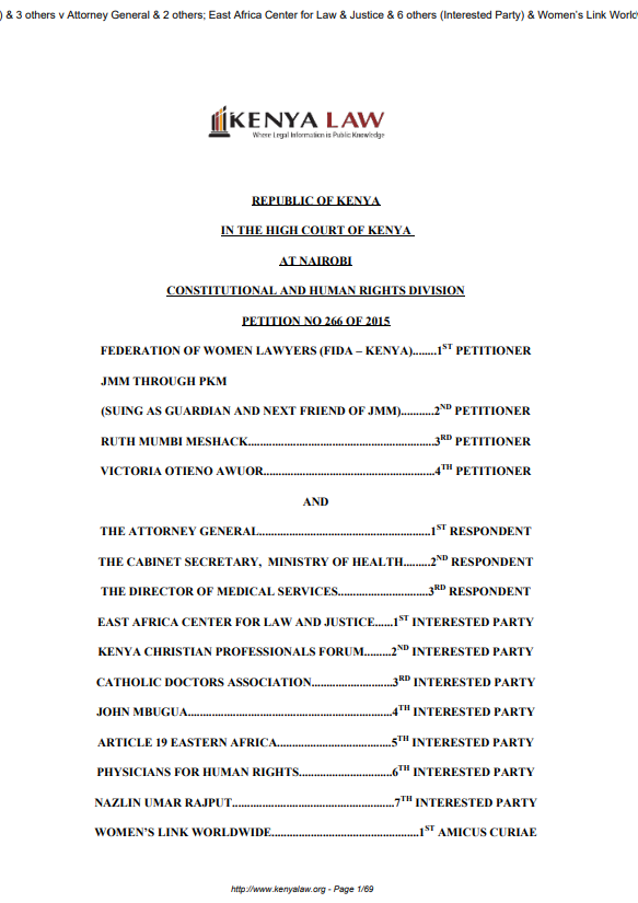 Federation of Women Lawyers ( FIDA – Kenya) and 2 others V The Attorney General and others (Petition No. 266 of 2015)